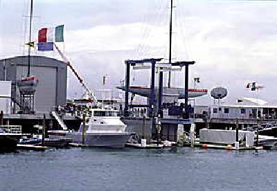 The Team Prada boat sitting on the dock in Auckland. The Team Prada boat sitting on the dock in Auckland.