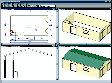 Upper left window shows the dimensioned plan.  Note the red section line.  Lower left window shows the automatic section.  Upper right is the automatic isometric with roof off and custom colors defined.  Lower right windows shows the same view with the roof on.