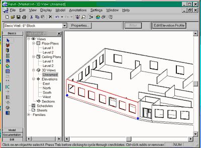 Revit using 800x600 screen, showing the project's object tree panel, the Basic object selection panel, and a 3D hidden-line view of the model with one wall selected.  Note the wall's color change and its location points as blue spots.