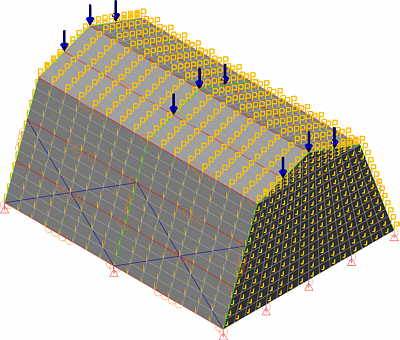 Dead loads were applied to the center of each ceiling beam of the new VMS model, with boundary conditions defined for the ground.